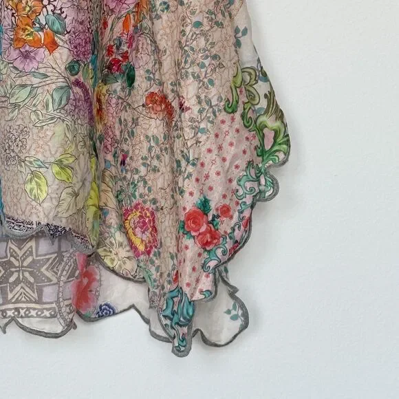 Johnny Was Tunic Top Womens Small Multicolor Boho Patchwork Floral Scalloped - Picture 2 of 9